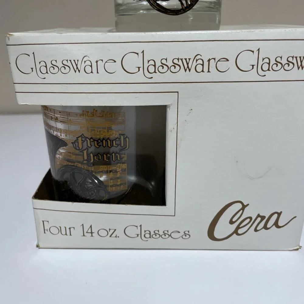 Vintage Cera Cassandra French Horn Glassware Rocks 14 Oz Musical Set of 4 NIB